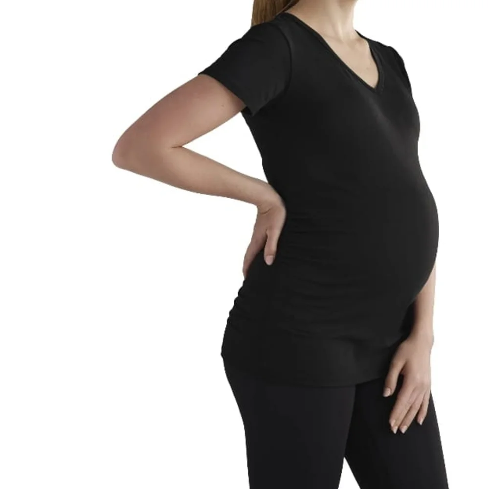 Time And Tru Black Maternity V-Neck Soft Comfortable Side Shirring T-Shirt - Picture 2 of 7